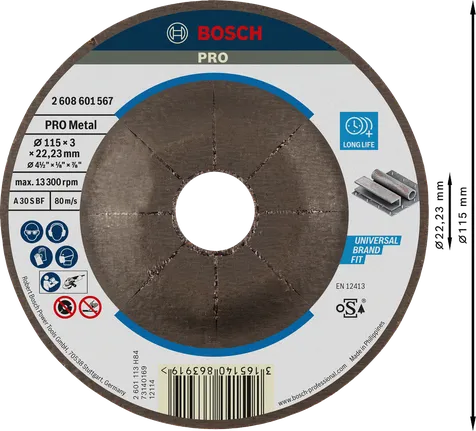 Disco de corte de metal Bosch PRO de 115 x 3 mm para metal.